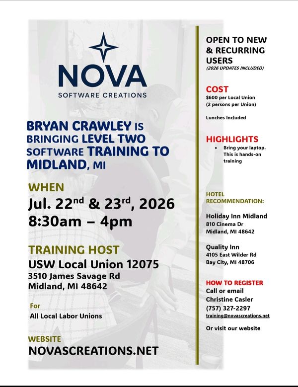 Flyer for Level Two software training by Bryan Crawley in Midland, MI, July 22-23, 2026.