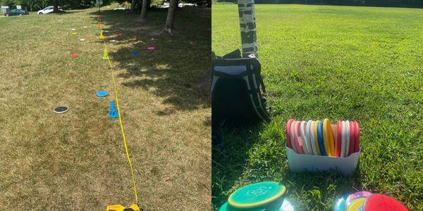 Practice putting setup for disc golf putting with tons of putters