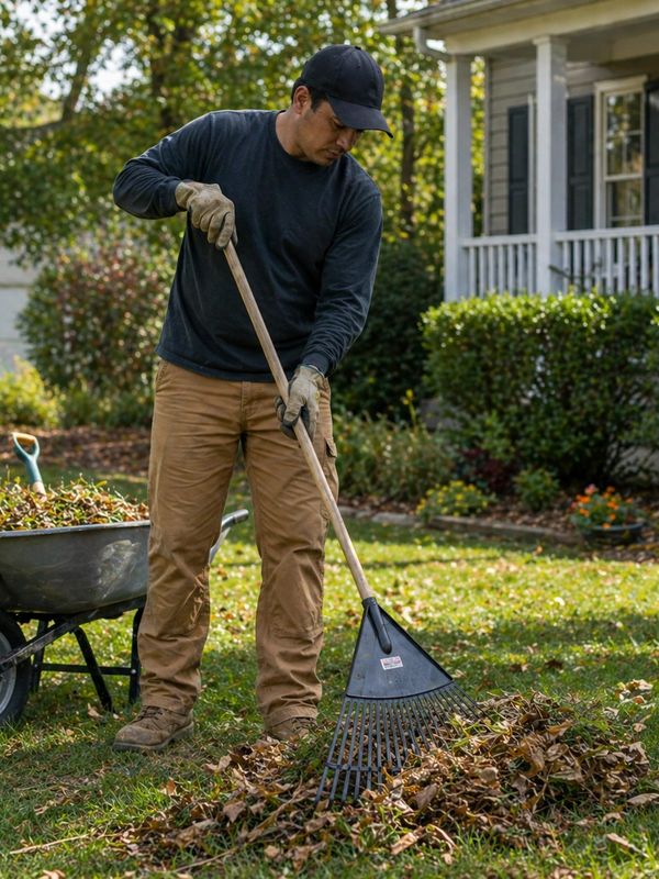 Man raking leaves in a yard during autumn.