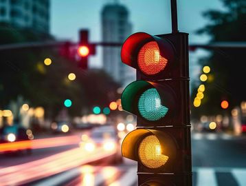 Traffic light showing red, green, and yellow lights.