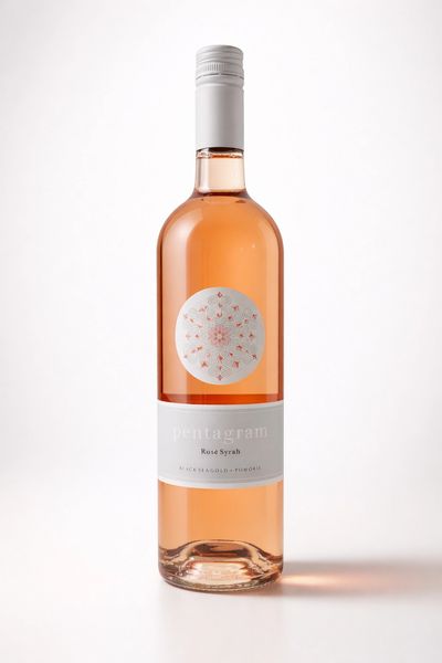 A bottle of Pentagram Rosé Syrah wine with a white cap and label.