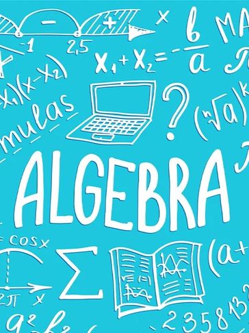 Illustration of algebra concepts with equations and symbols on a blue background.