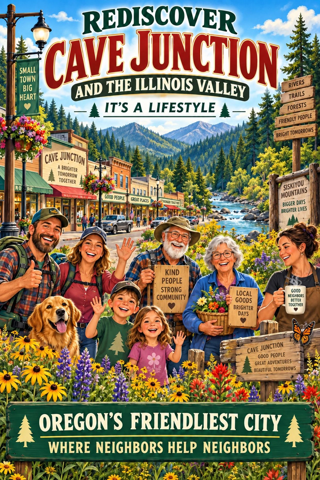 Happy community in Cave Junction, Oregon surrounded by nature and flowers.