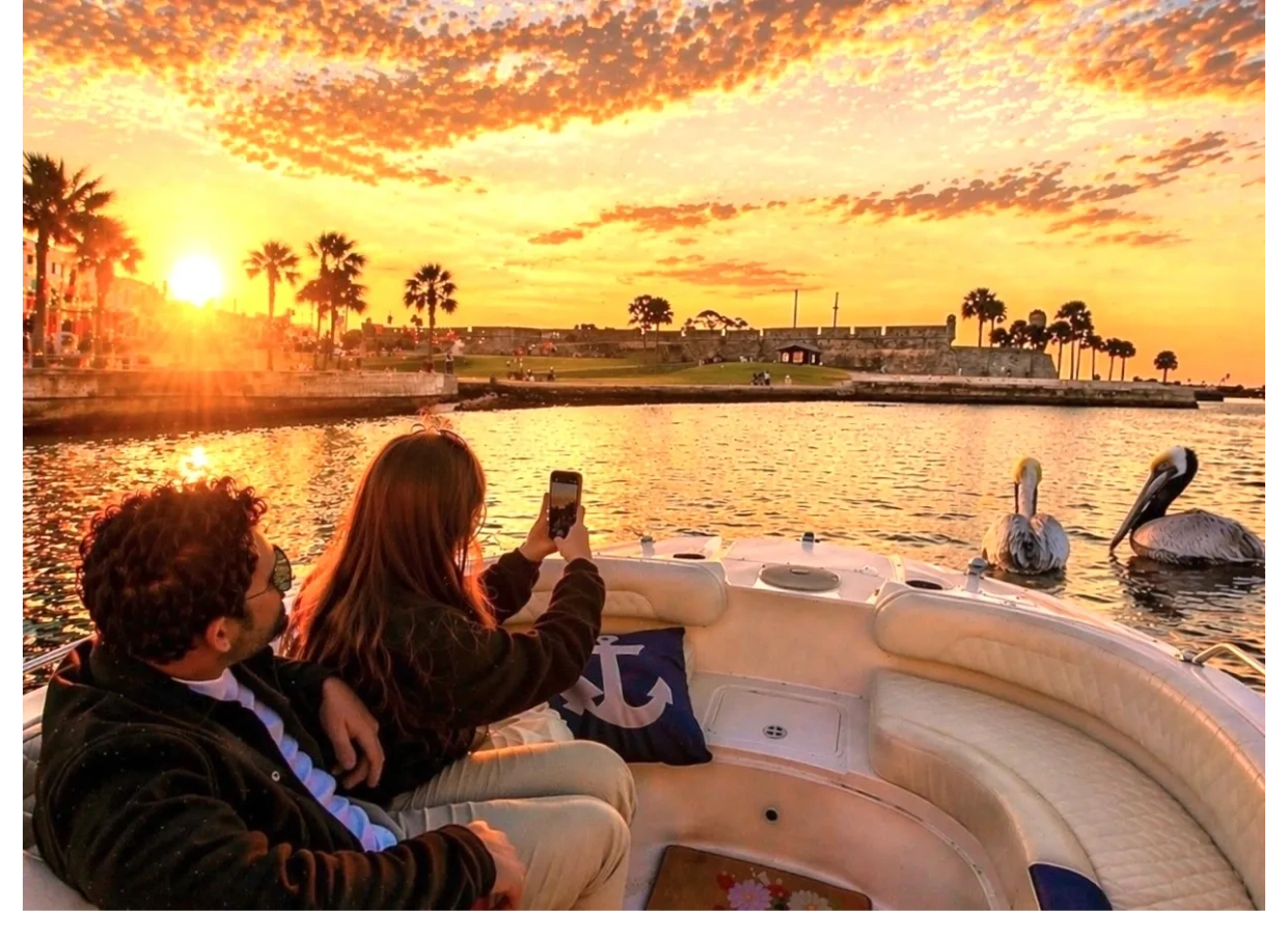 Private sunset boat tour in St. Augustine with guests enjoying the water with  Ready 2 Go Adventures