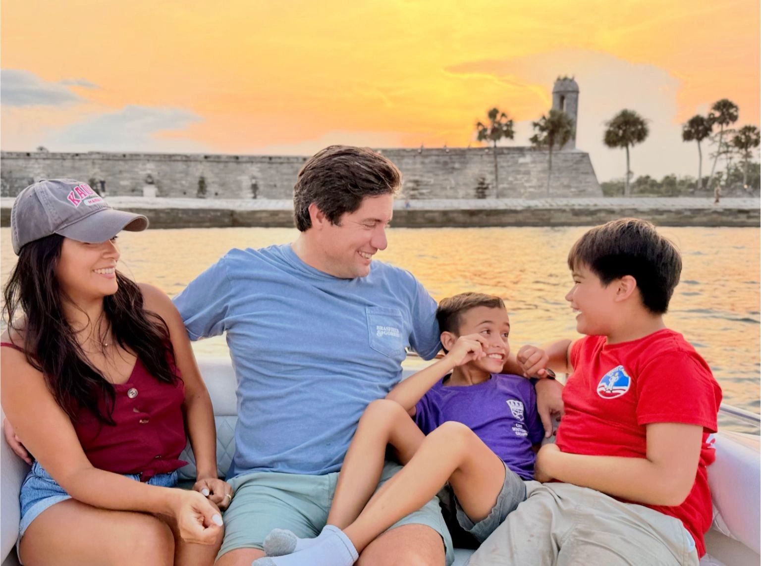 Family enjoying a private sunset boat tour with Ready 2 Go Adventures in St. Augustine, Florida.
