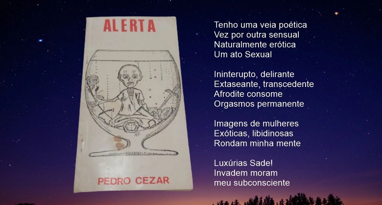 Book cover titled 'ALERTA' by Pedro Cezar with a sketch and a poem in Portuguese about poetic and erotic themes.