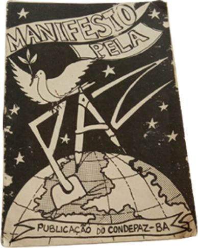 Cover of a manifesto with a dove, peace symbol, and Earth illustration.