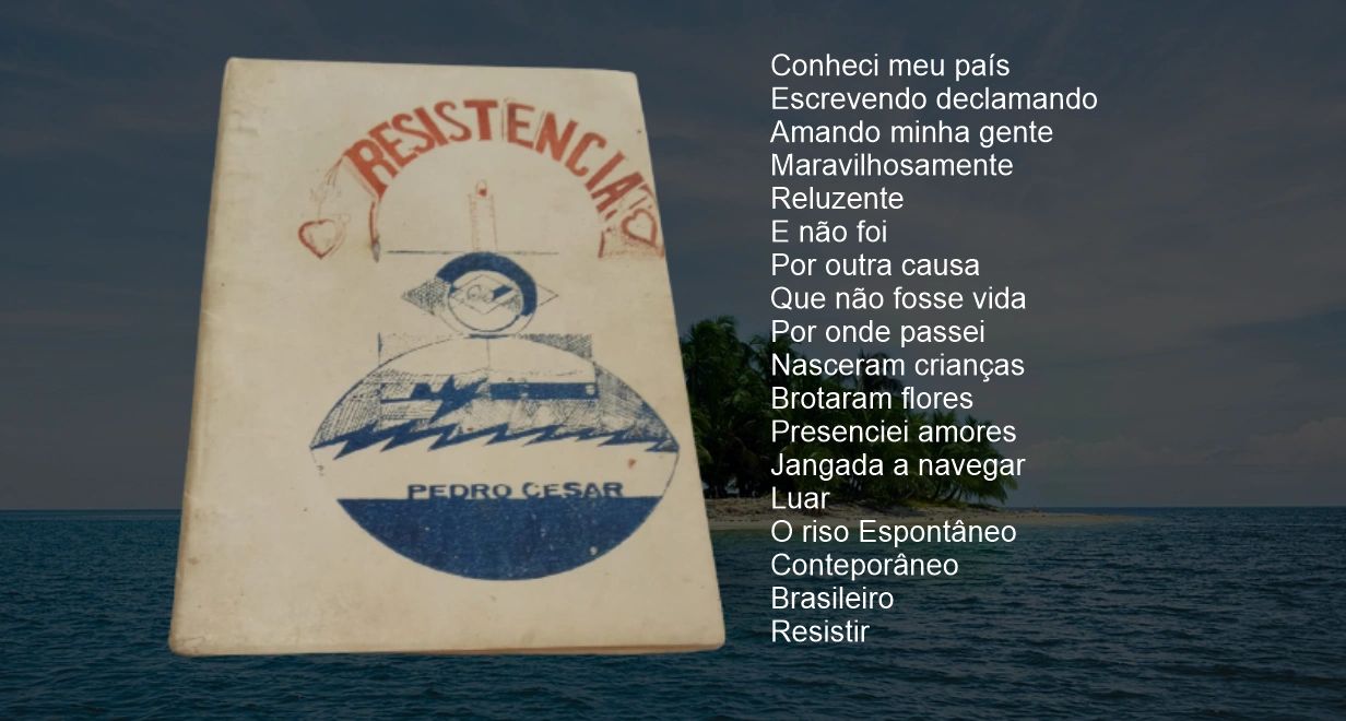 Book titled 'Resistencia' by Pedro Gessar with a Portuguese poem about love and resistance.