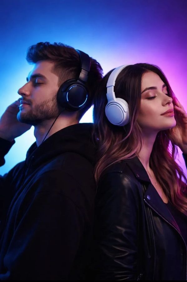 Man and woman back to back, enjoying music with headphones on in colorful lighting.
