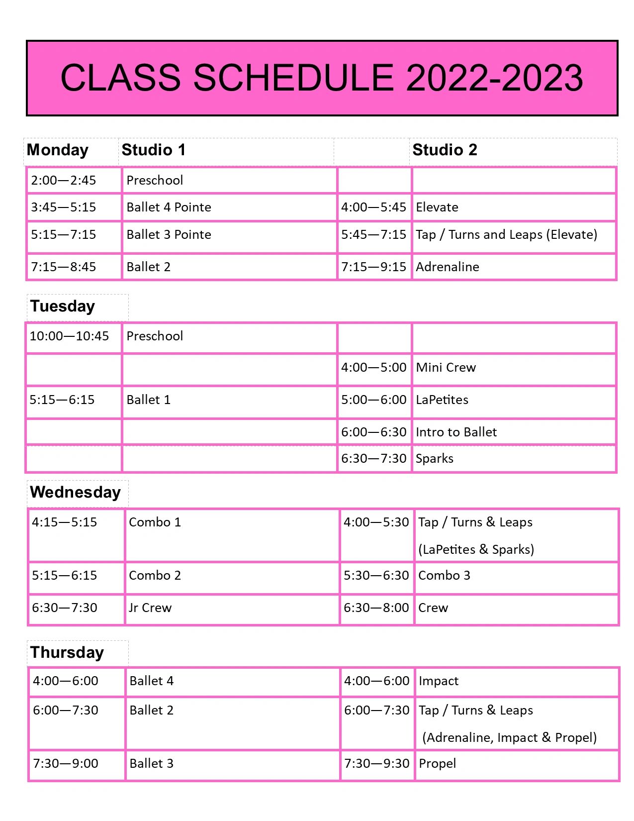 Class schedule for 2022-2023 with dance and ballet classes in two studios from Monday to Thursday.