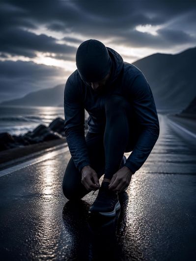 Person tying shoes on wet road at dawn.