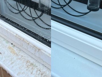 Before and after of a window being cleaned