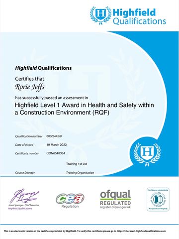 Certificate for Rorie Jeffs in Health and Safety within Construction.