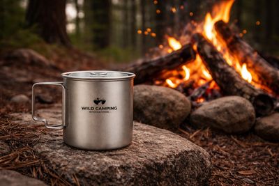 Metal camping mug on a rock near a campfire in the forest.