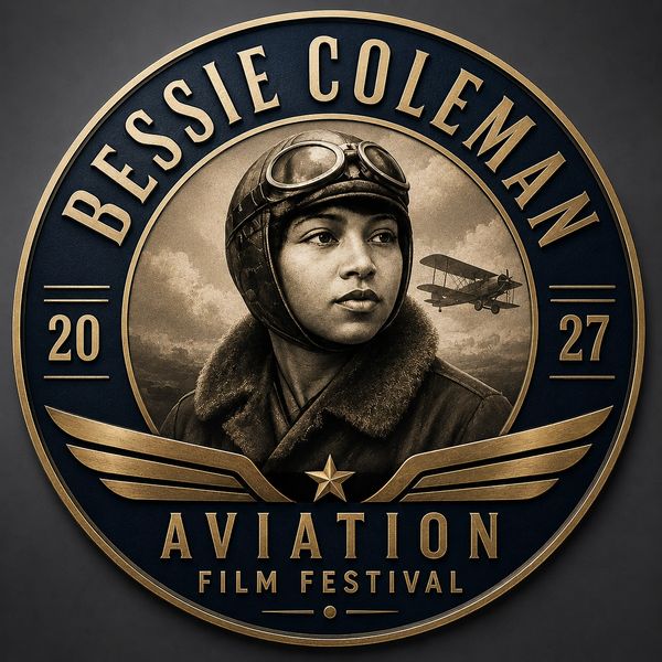 Bessie Coleman Aviation Film Festival emblem with vintage aviator portrait and biplane.