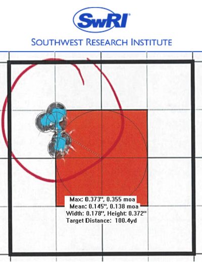 5 shots, 1 hole - 100+ yards, MOA of 0.138".
Click photo for information on SwRI Ballistics.