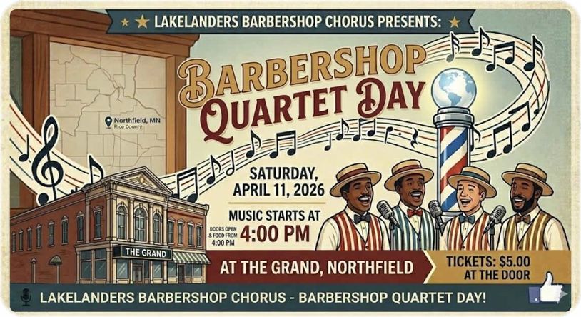 Poster for Barbershop Quartet Day event on April 11, 2026, at The Grand, Northfield.