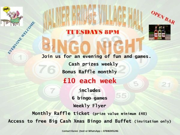 Poster for Tuesday night Bingo at Walmer Bridge Village Hall
