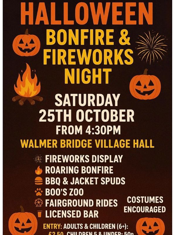 Walmer Bridge Village Hall annual bonfire and fireworks night October 2025