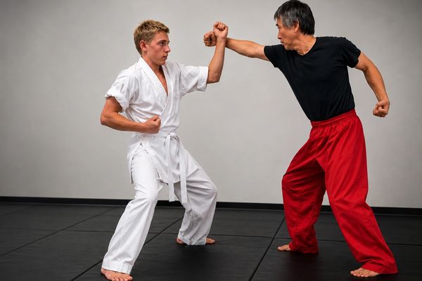 Two men sparring in martial arts poses indoors.
