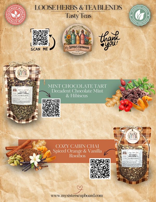 Tea blends with flavors like Mint Chocolate Tart and Cozy Cabin Chai.