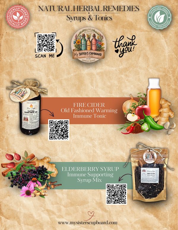 Natural herbal remedies syrups and tonics with QR codes.