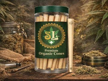 Container of premium organic cones with natural background elements.