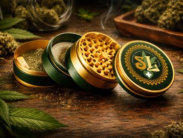 A gold and green herb grinder with cannabis on a wooden table.