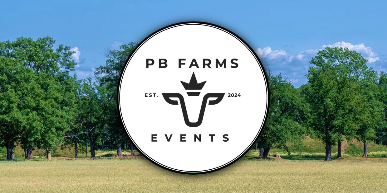 Logo for PB Farms Events with trees and field background.