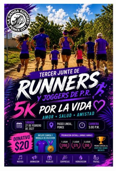 Flyer for a 5K runners and joggers event in Ponce City on February 27, 2027.