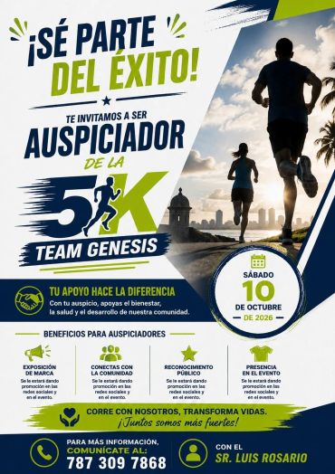 Invitación para ser auspiciador del 5K Team Genesis el 10 de octubre de 2026.