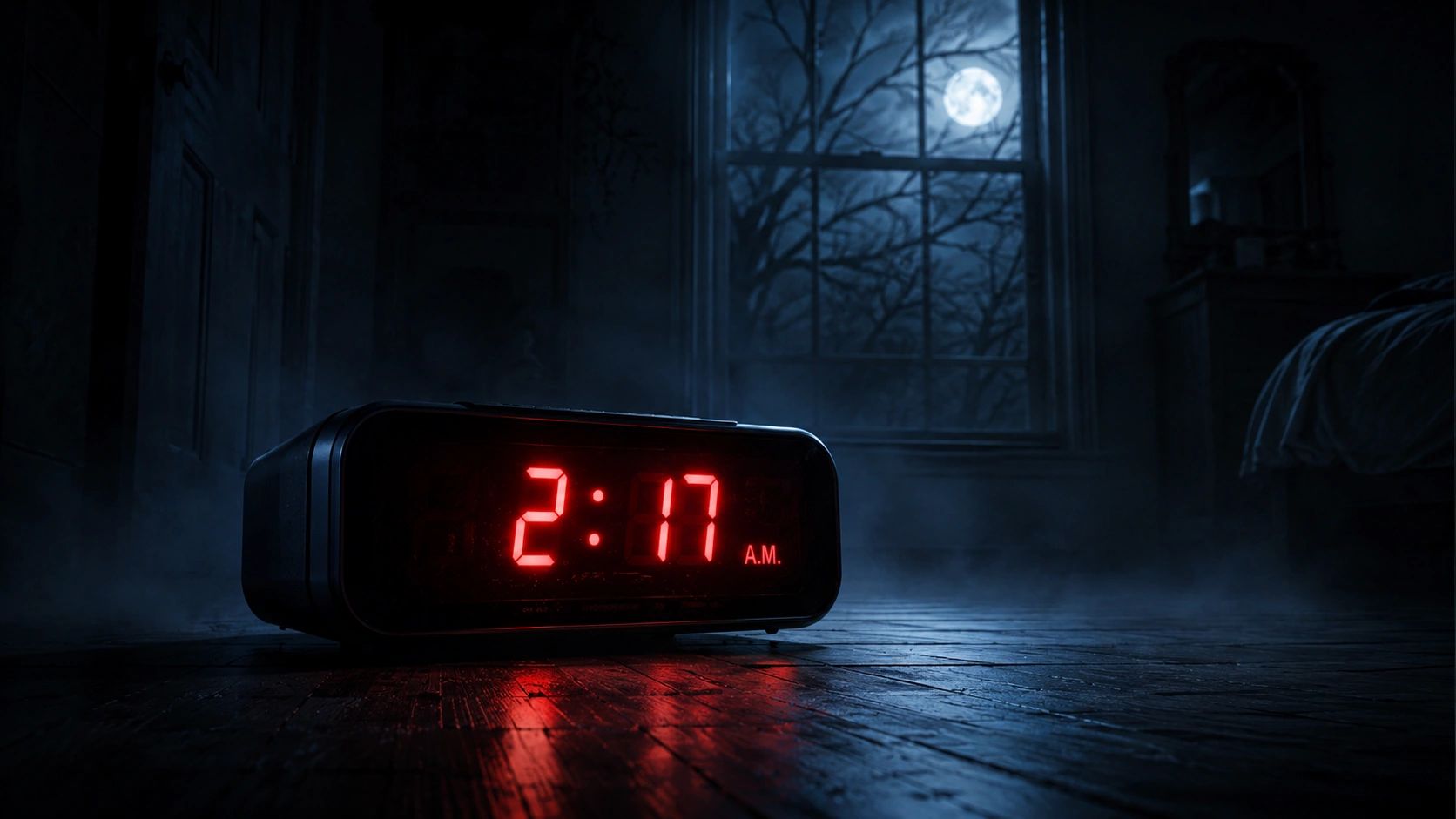Digital clock showing 2:17 AM with full moon outside window at night.