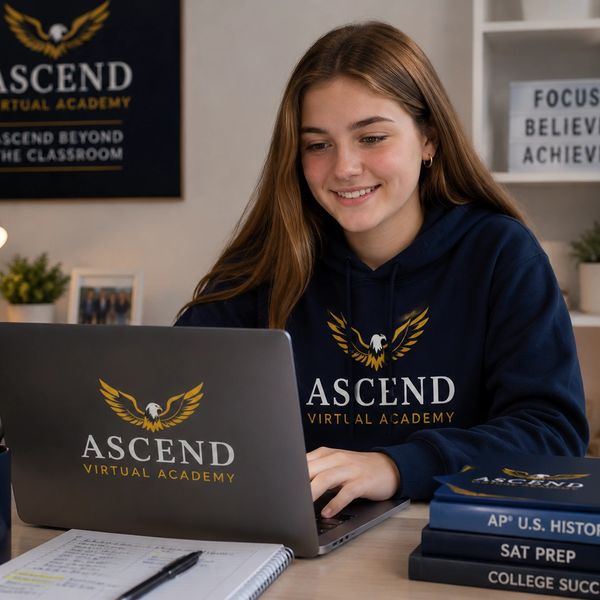 Smiling student studying online with Ascend Virtual Academy laptop and hoodie.