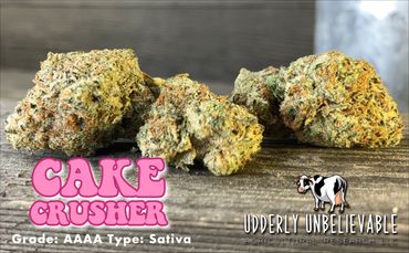 Close-up of Cake Crusher cannabis buds labeled AAAA Sativa.