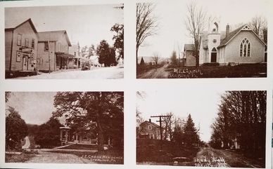 Four sepia-toned vintage photos showing streets and buildings in a small town.