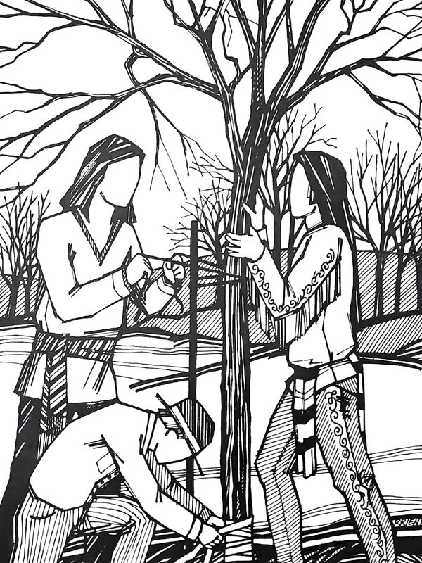 Three people tying a tree with ropes in a winter landscape.