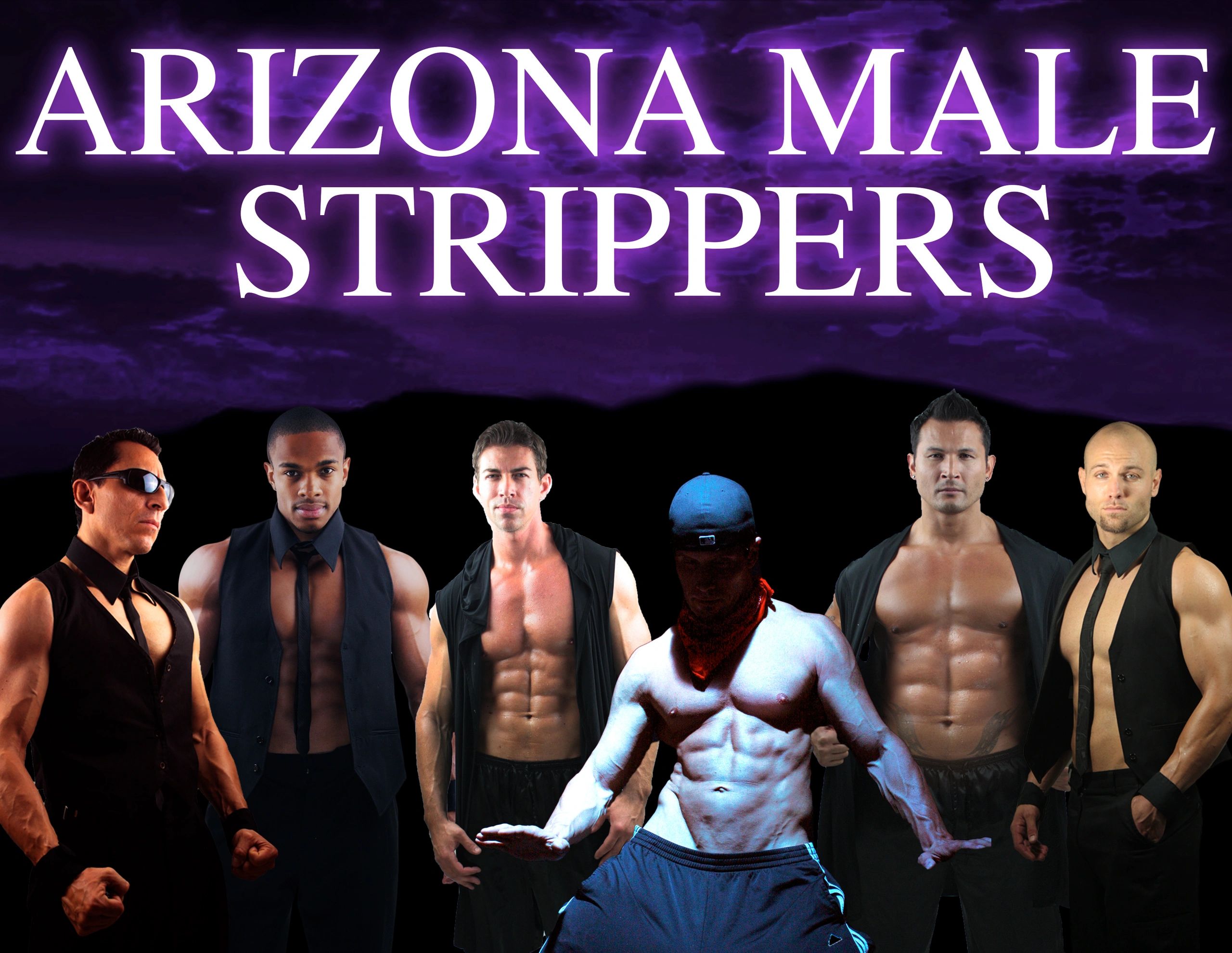 Arizona male strippers banner, 6 shirtless male strippers posed in front of mountain landscape