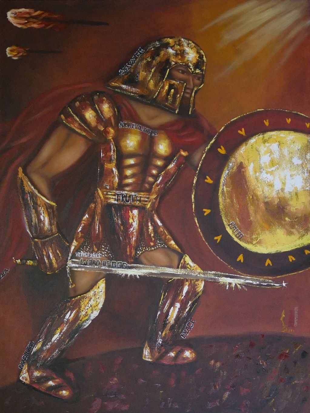 Warrior, shield, sword, arrow, firry arrow, helmet, belt, breast plate, armor, Zeal, holy spirit, lo