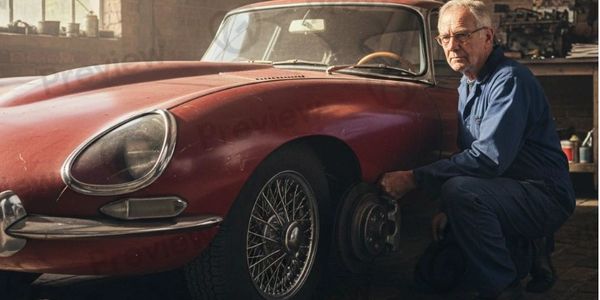 An older man repairing a classic red car in a garage.