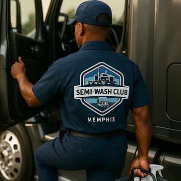Technician entering a semi truck with cleaning supplies