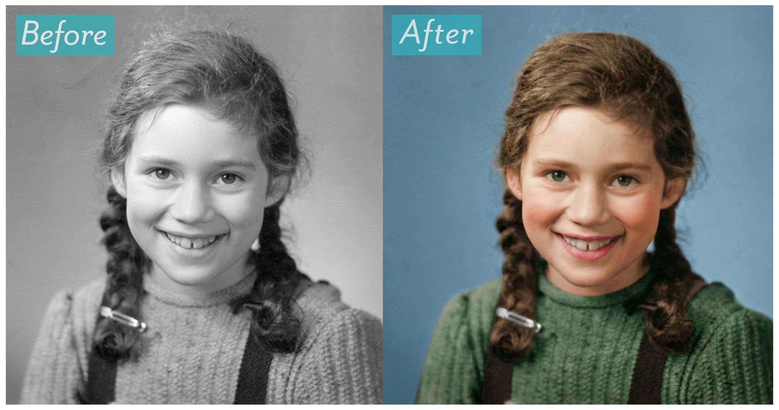 Before and after colorization of a smiling girl with braided hair.