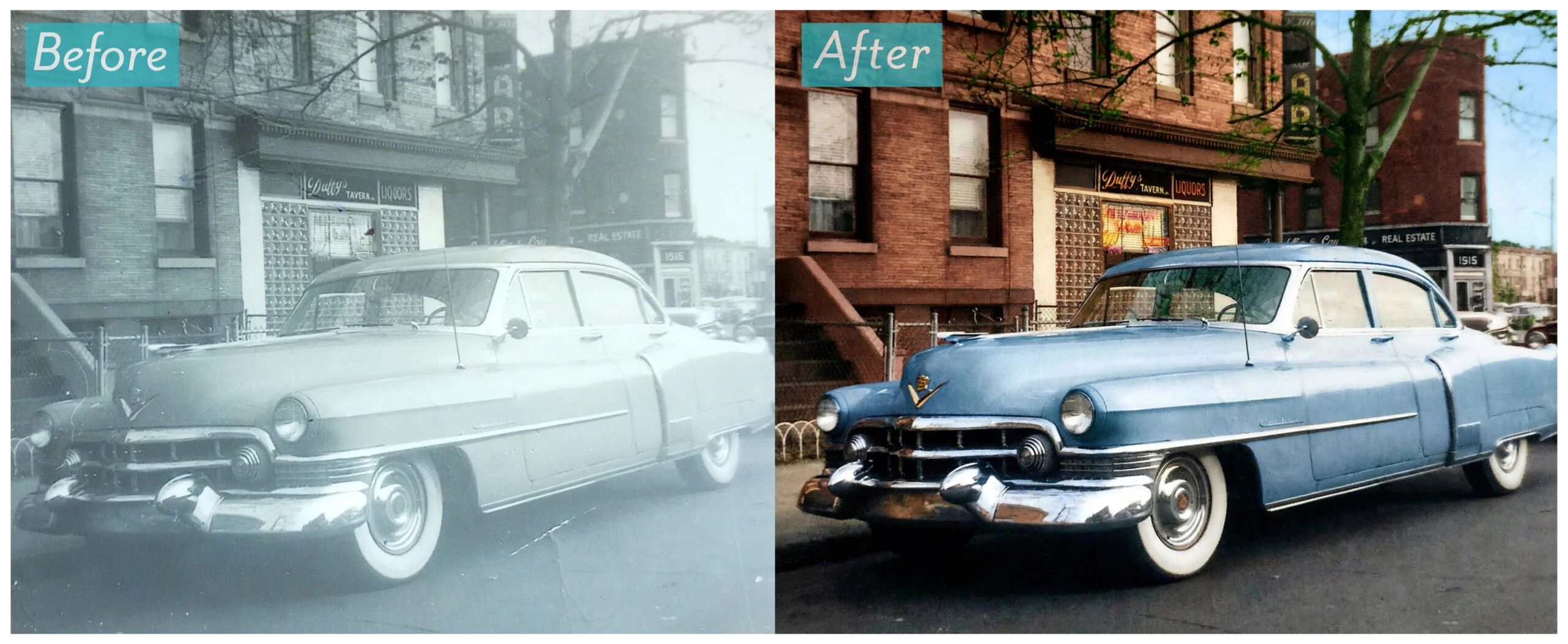Vintage car photo restored from black and white to color.