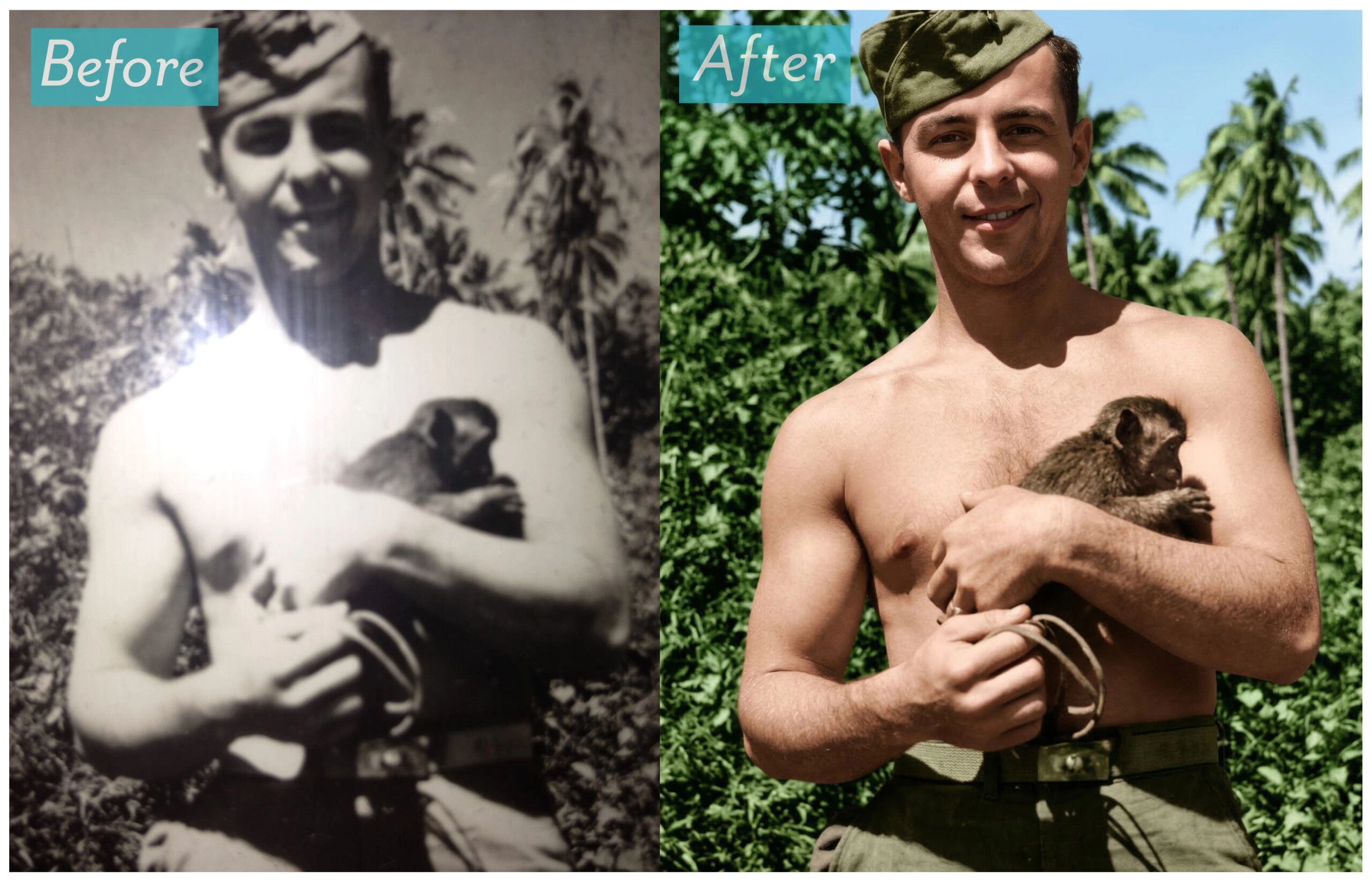 Side-by-side before and after photo restoration of a soldier holding a monkey.