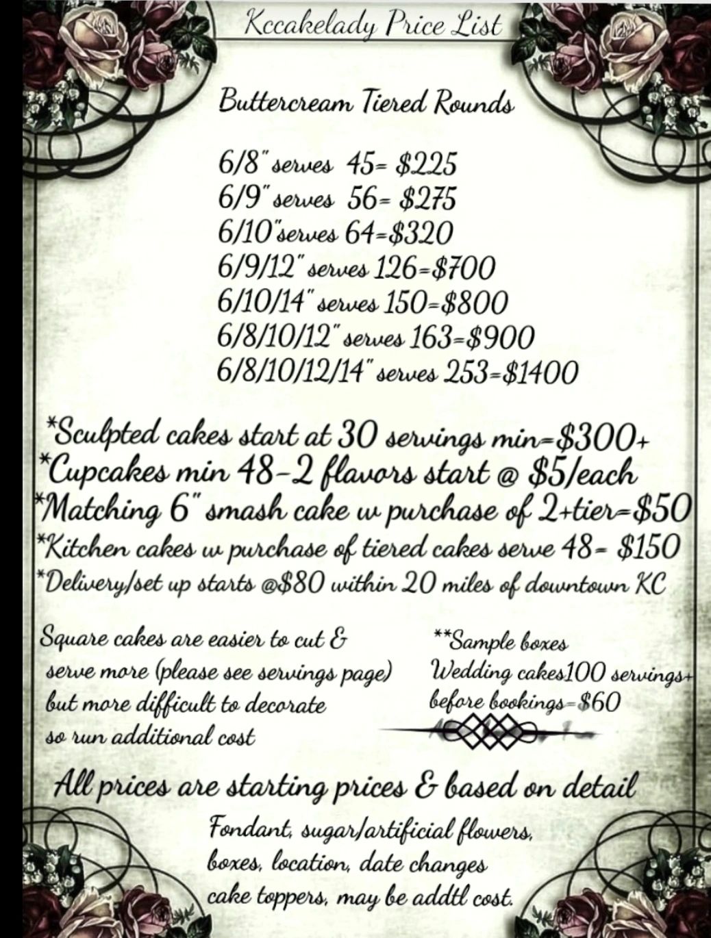 Handwritten cake price list with buttercream tiers and additional charges, decorated with floral borders.