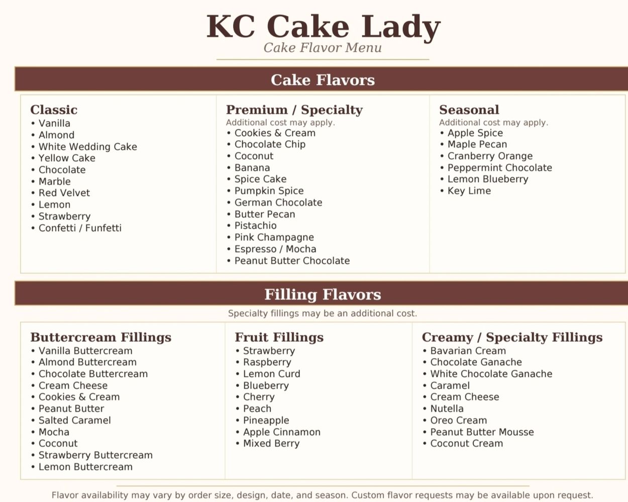 KC Cake Lady menu showing classic, premium, seasonal cake flavors, and various filling options.