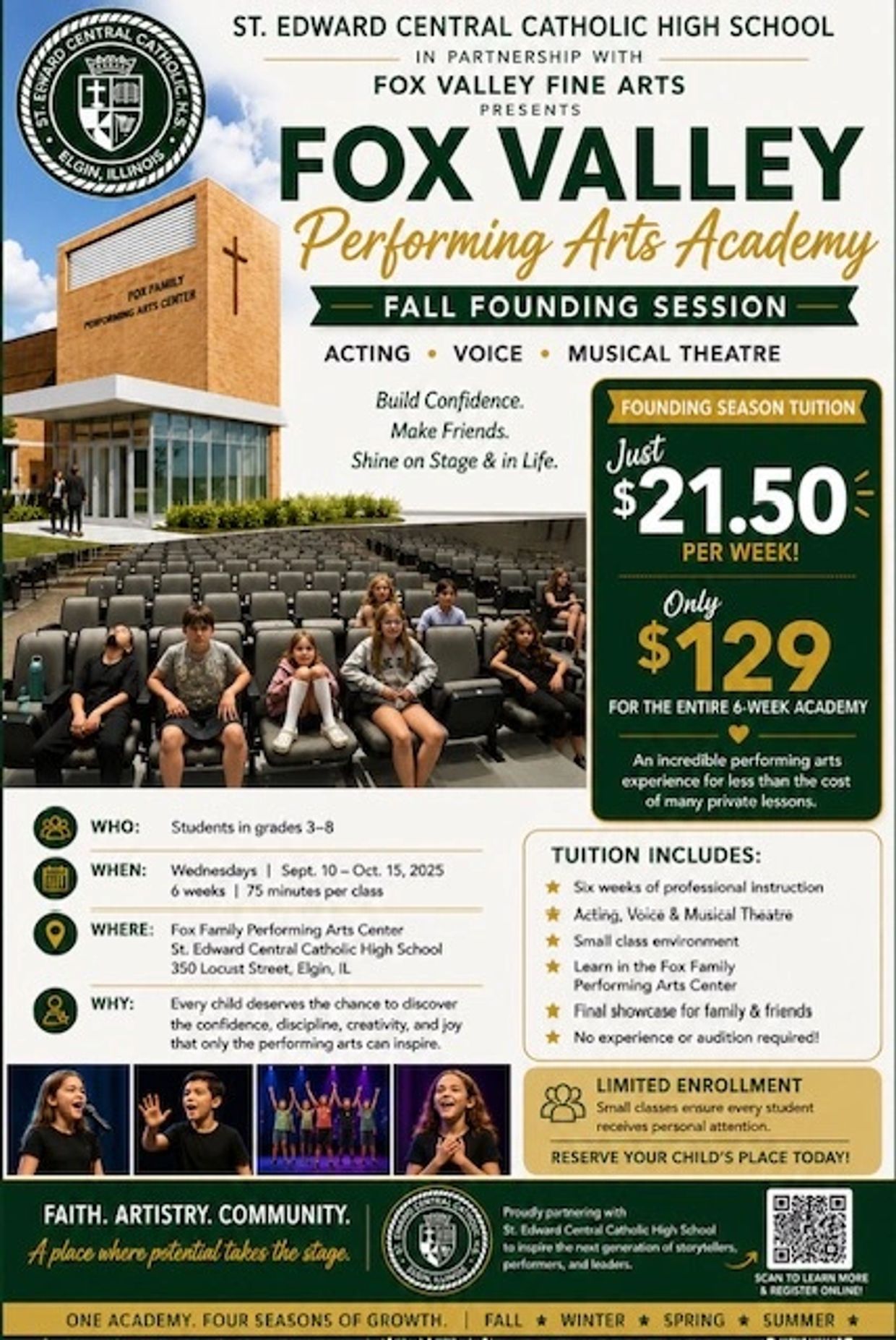 Flyer for Fox Valley Performing Arts Academy's fall session at St. Edward Central Catholic High School.