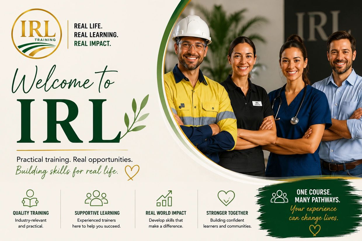 IRL Training welcome banner featuring professionals from mining, healthcare, training and business, promoting practical industry-relevant learning.