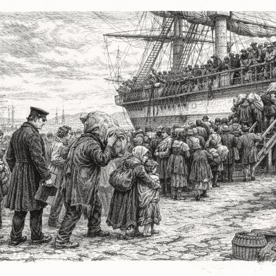 People boarding a ship, vintage style.