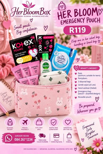 Her Bloom Emergency Pouch with feminine products and essentials.