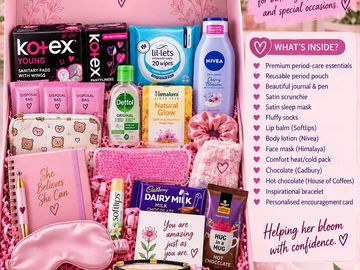 A curated feminine care and comfort kit with hygiene products and treats.